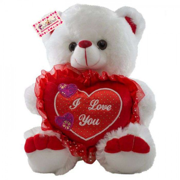 Cute 15 Inch White Teddy Bear holding red I Love You Heart